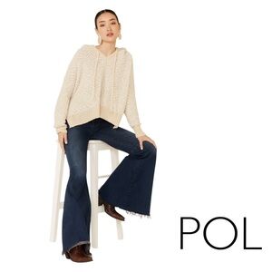 POL Nubby Chenille Popcorn Cropped Hi Low Hem Hoodie Beige Sweater Women Large